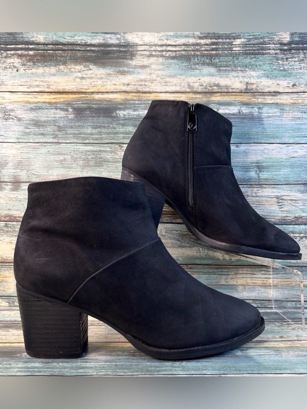 Blondo Nelli Waterproof Leather Ankle Boot Sz 9.5 Black Block Heel Dress Bootie